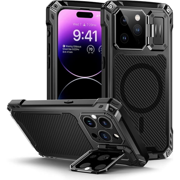 KOMI Magnetic iPhone 14 Metal Case, [Built-in Camera Kickstand & Glass Screen Protector] Heavy Duty Shockproof Full Body Rugged Protective Magsafe Cover for iPhone 14 6.1" (Black)