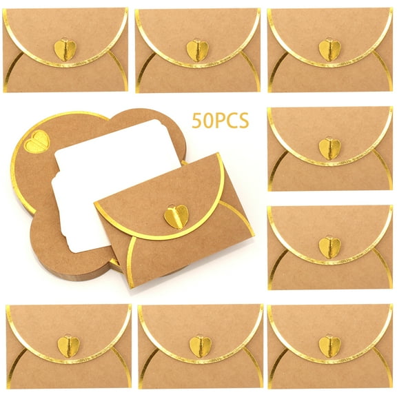 50 Pack Mini Kraft Envelopes with Gold Heart Shaped Clasp, Gold-Edged Envelopes with Blank Cards for Wedding Birthday Greeting Gift Cards（4.13 x 2.8 inch）