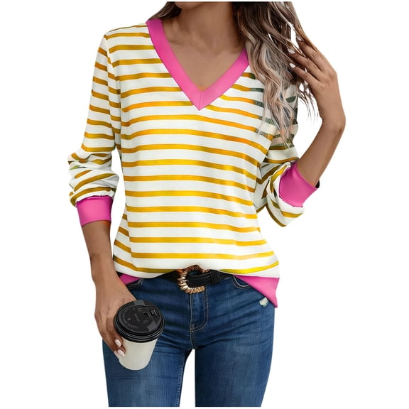 Jalioing Striped T Shirt for Women Fashion Casual Long Sleeve V Neck Color Block Tee Trendy Shirts Clothes