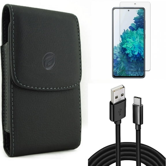 10ft USB Cable & Case Belt Clip & Screen Protector for Samsung Galaxy S20 Fan Edition - Type-C Charger Cord   Leather Holster   Anti-Glare Tempered Glass Combo