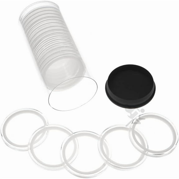 OnFireGuy 20 40mm Ring 1oz Silver Eagle, Kookaburra, Kangaroo Coin Holders & Capsule Storage Tube (Black Lid & White Ring Holders)