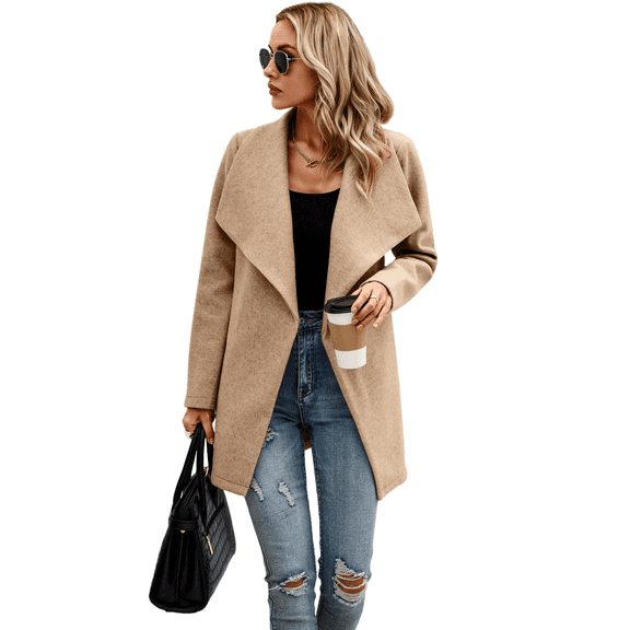 NAYTOAO Women's Lapel Belted Wrap Coat Open Front Mid Length Wool Blend Jacket Casual Fall Winter Outerwear