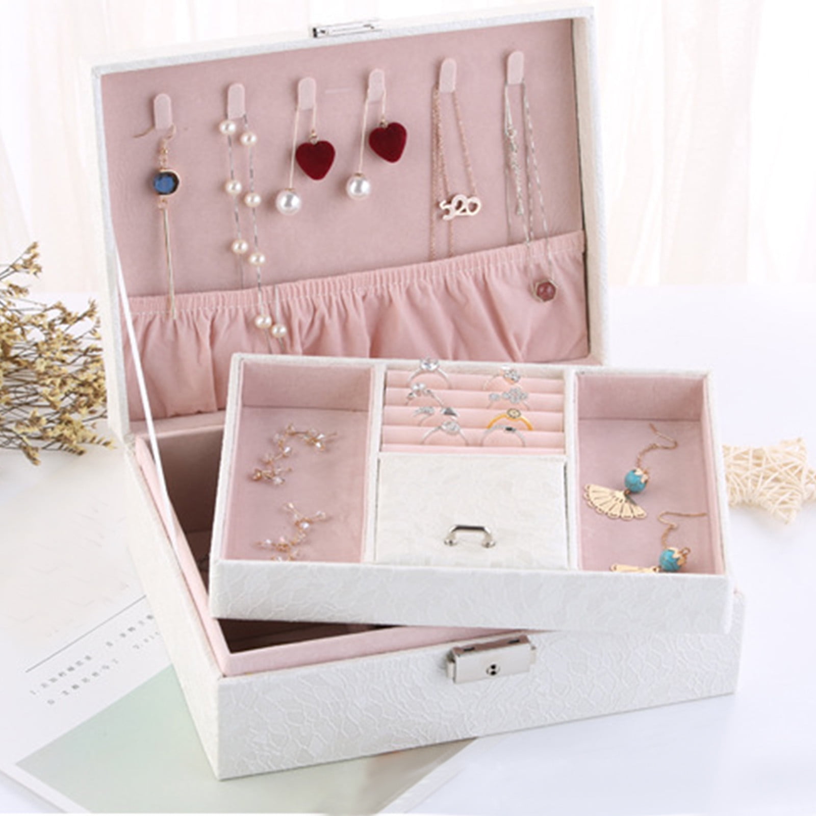 Jubipavy Jewelry Box With Lock Jewelry Organizer Storage Case With 2-Layers Display For Earrings Bracelets Rings Watches