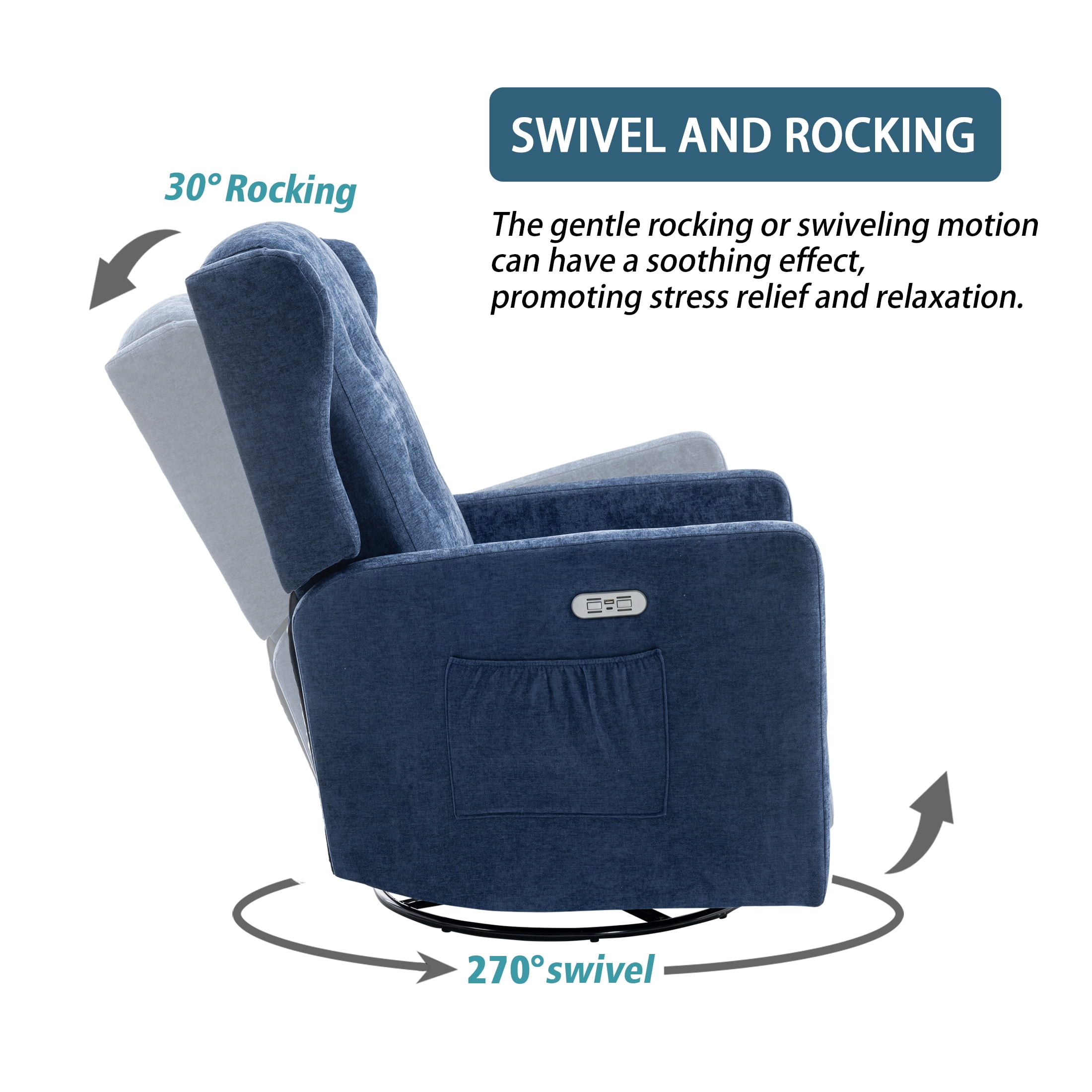 Power Swivel Rocking Recliner Chair, Electric Rocker Nursery Glider Chair, USB and Type-C Ports, Upholstered Fabric Reclining Single Sofa Chair for Living Room(NavyBlue)