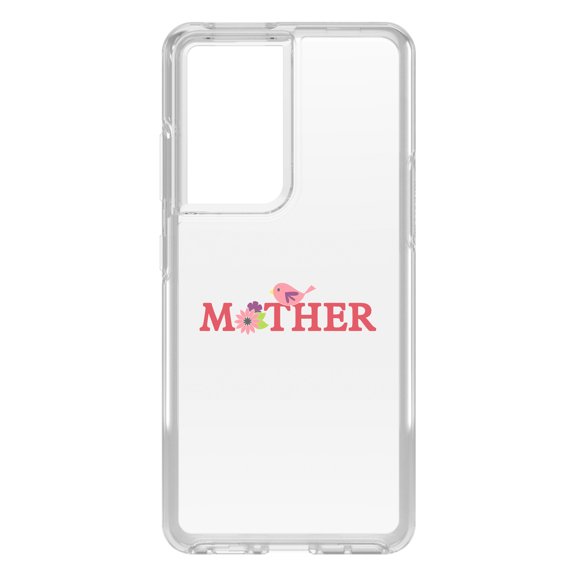 DistinctInk Clear Shockproof Hybrid Case for Galaxy S21 ULTRA 5G (6.8" Screen) - TPU Bumper Acrylic Back Tempered Glass Screen Protector - Mother - Pink Bird & Flowers