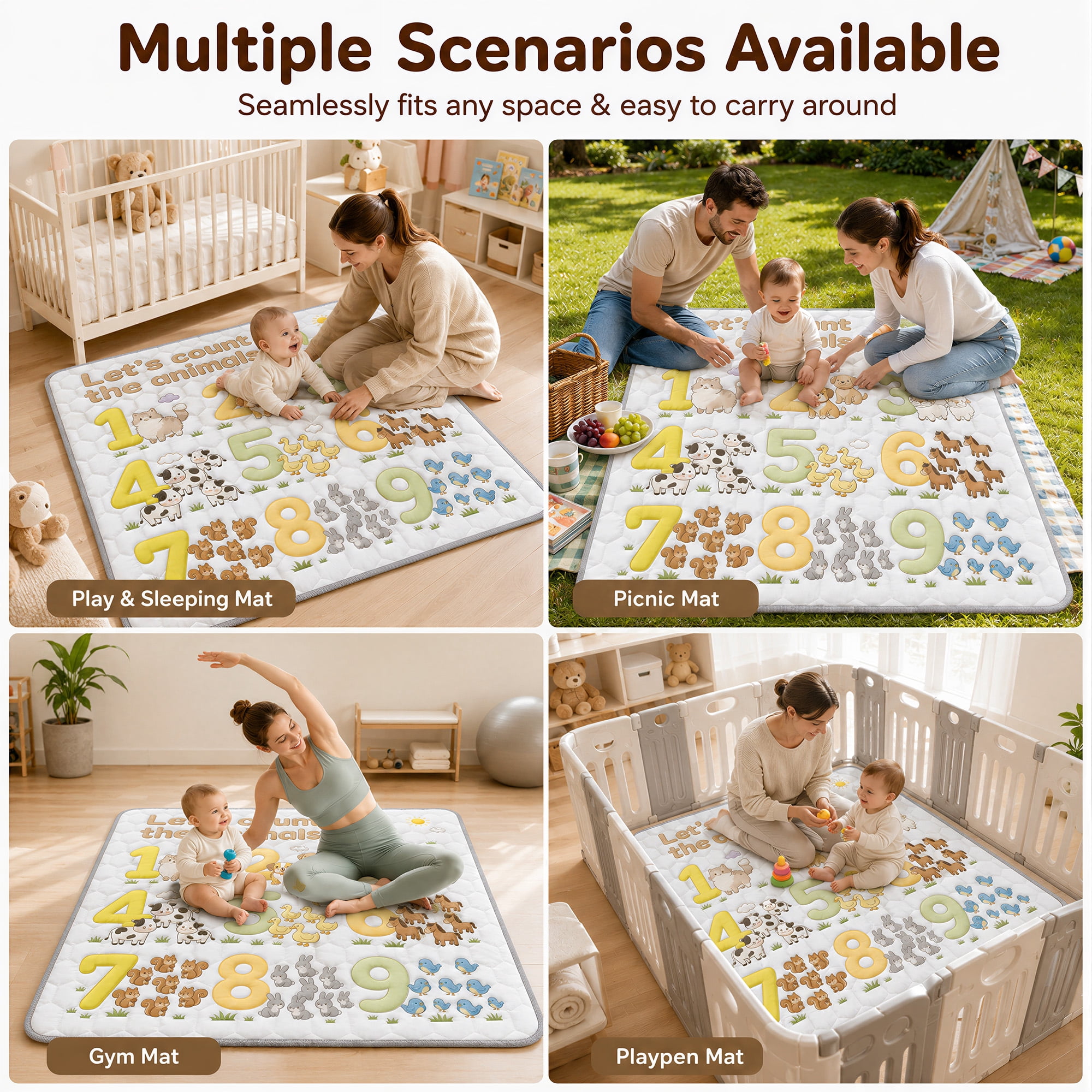 BEAUTYPEAK Baby Play Mat, 50"x50" Mat Perfect for Use Baby Playpen,Non-Slip Foldable Mat for Toddlers and Babies