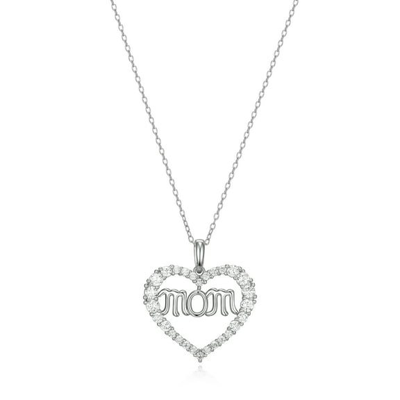 Forever Facets Mom Heart Cubic Zirconia 18" Pendant Necklace in Sterling Silver, Adult Female