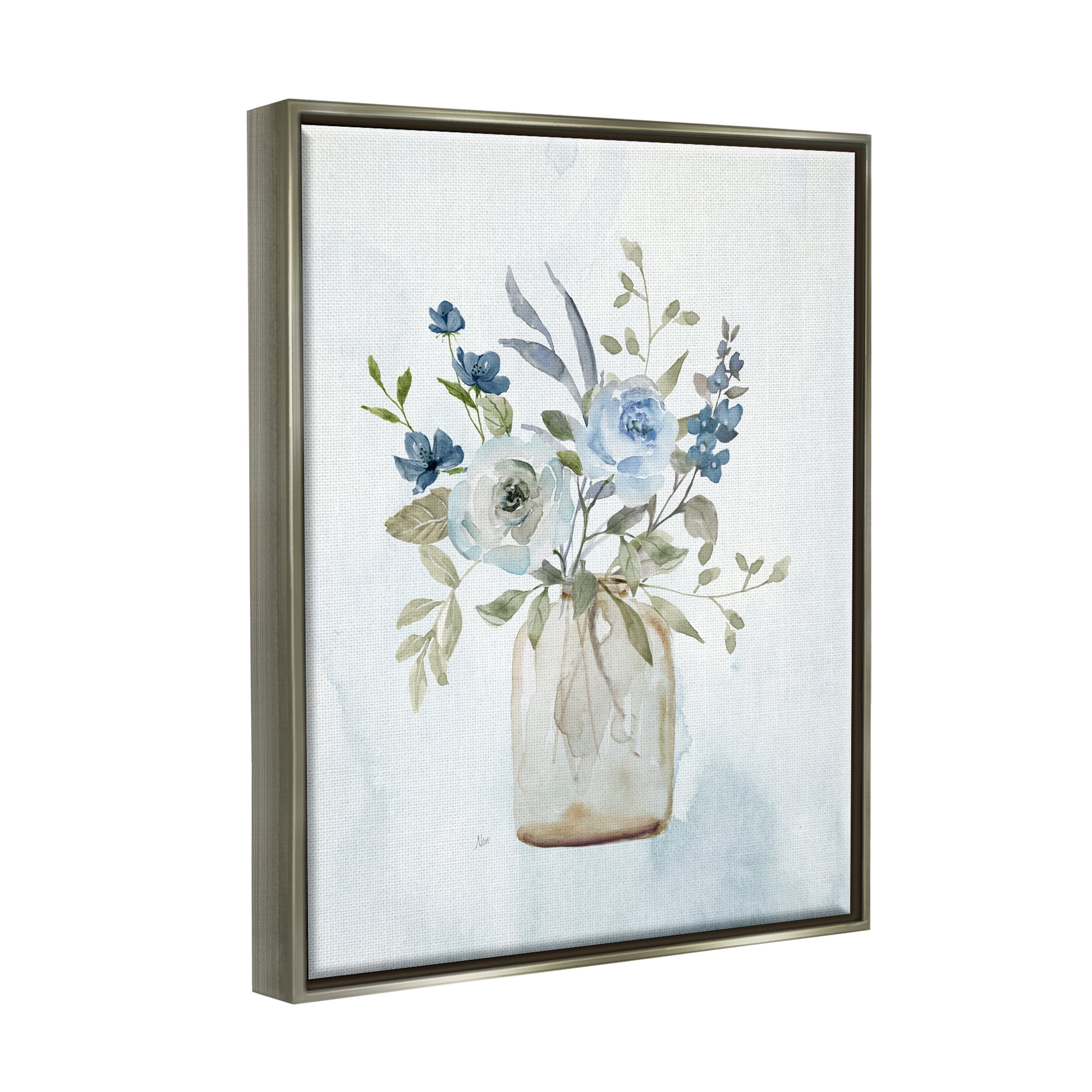 Stupell Industries Blue Bouquet in Jar Botanical & Floral Painting Gray Floater Framed Canvas Art Print Wall Art, 25 x 31