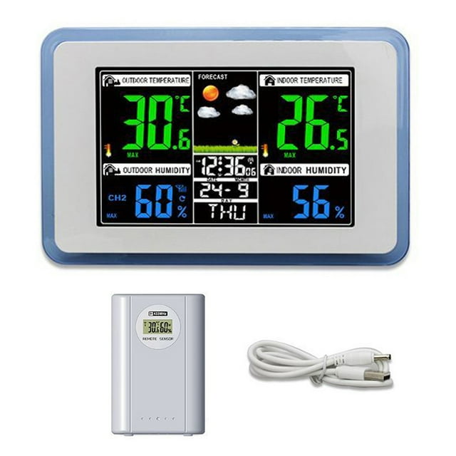 TFixol 433MHz Wireless Weather Station with Color Display, Indoor Outdoor Thermometer Hygrometer, Dual Alarm, H168G Model in White & Blue Frame, Battery Not Included