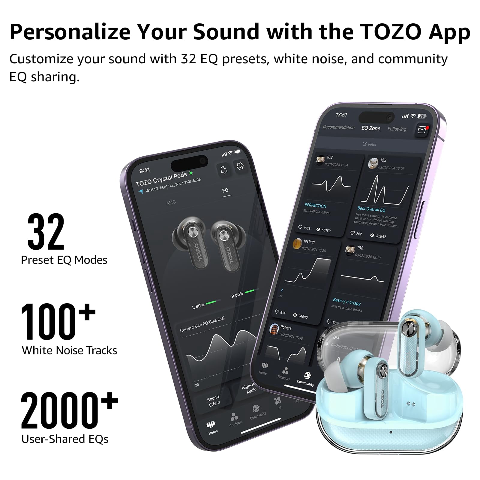 TOZO AI Translation Hybrid Active Noise Cancelling Earbuds, 100+ Languages, 70H, Smart ENC AI Calls, Stereo Bass with App-32EQ, IPX5 Waterproof Bluetooth 5.4 Headphones, Sleek Transparent Design