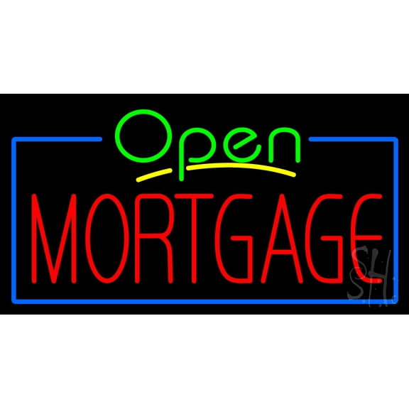 Green Open Mortgage Blue Border LED Neon Sign 13 x 24 - inches, Black Square Cut Acrylic Backing, with Dimmer - Bright and Premium built indoor LED Neon Sign for Defence Force.