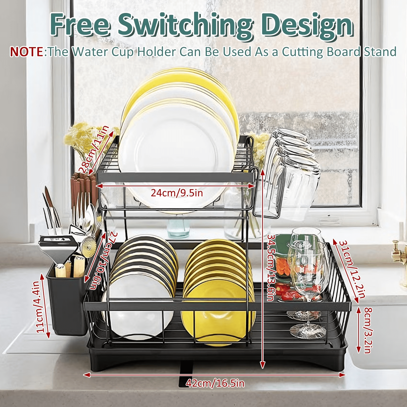 Glovv Over the Sink Dish Drying Rack, 2-Tier Collapsible Dish Racks for Kitchen Counter, Dish Drainer Kitchen Sink Organizer with Auto Drainage System, Black