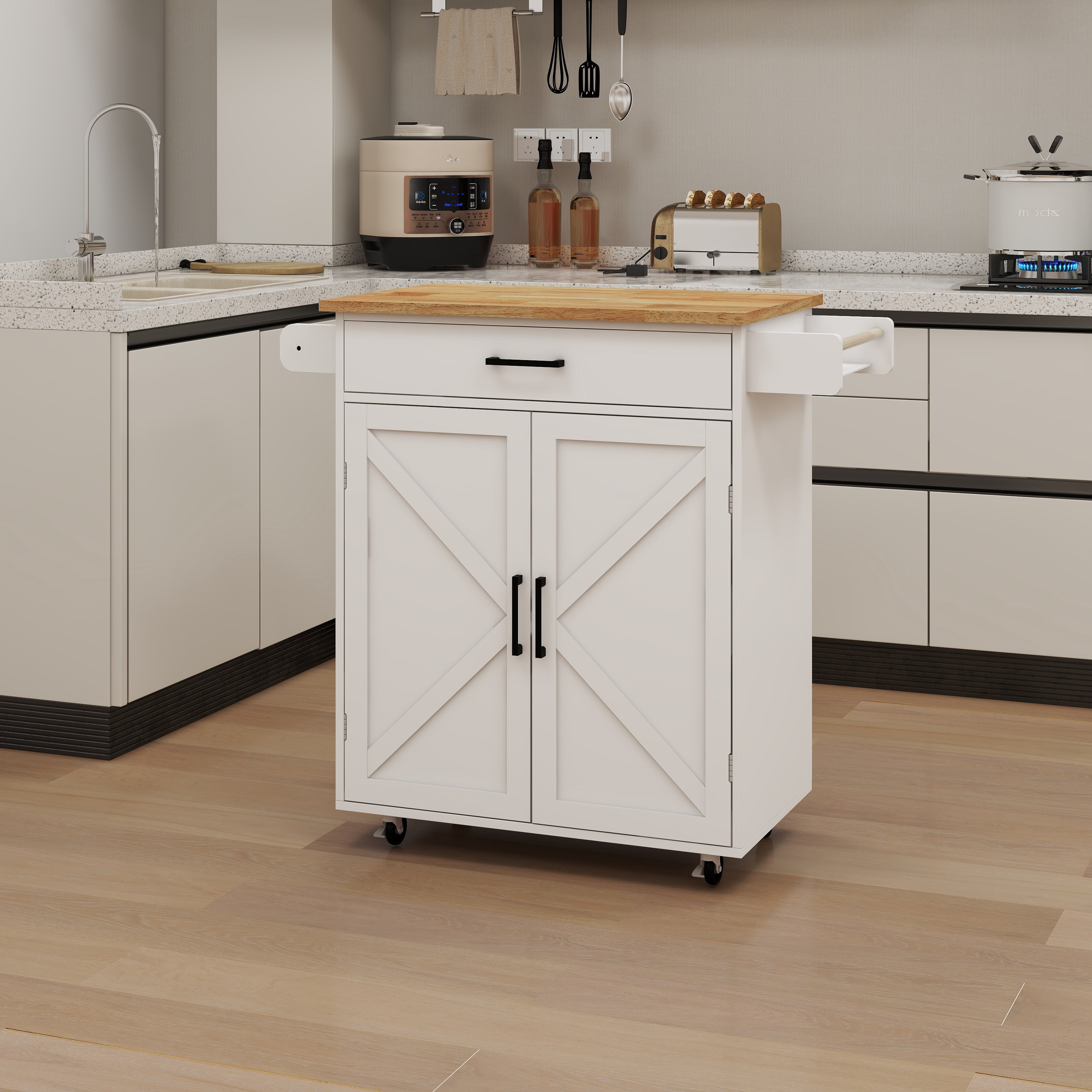 Mintazer Farmhouse Rolling Kitchen Island Cart with Drawer & Adjustable Shelves, Mobile Kitchen Storage Cabinet with 2 Door Cabinet & Towel Rack for Kitchen, White