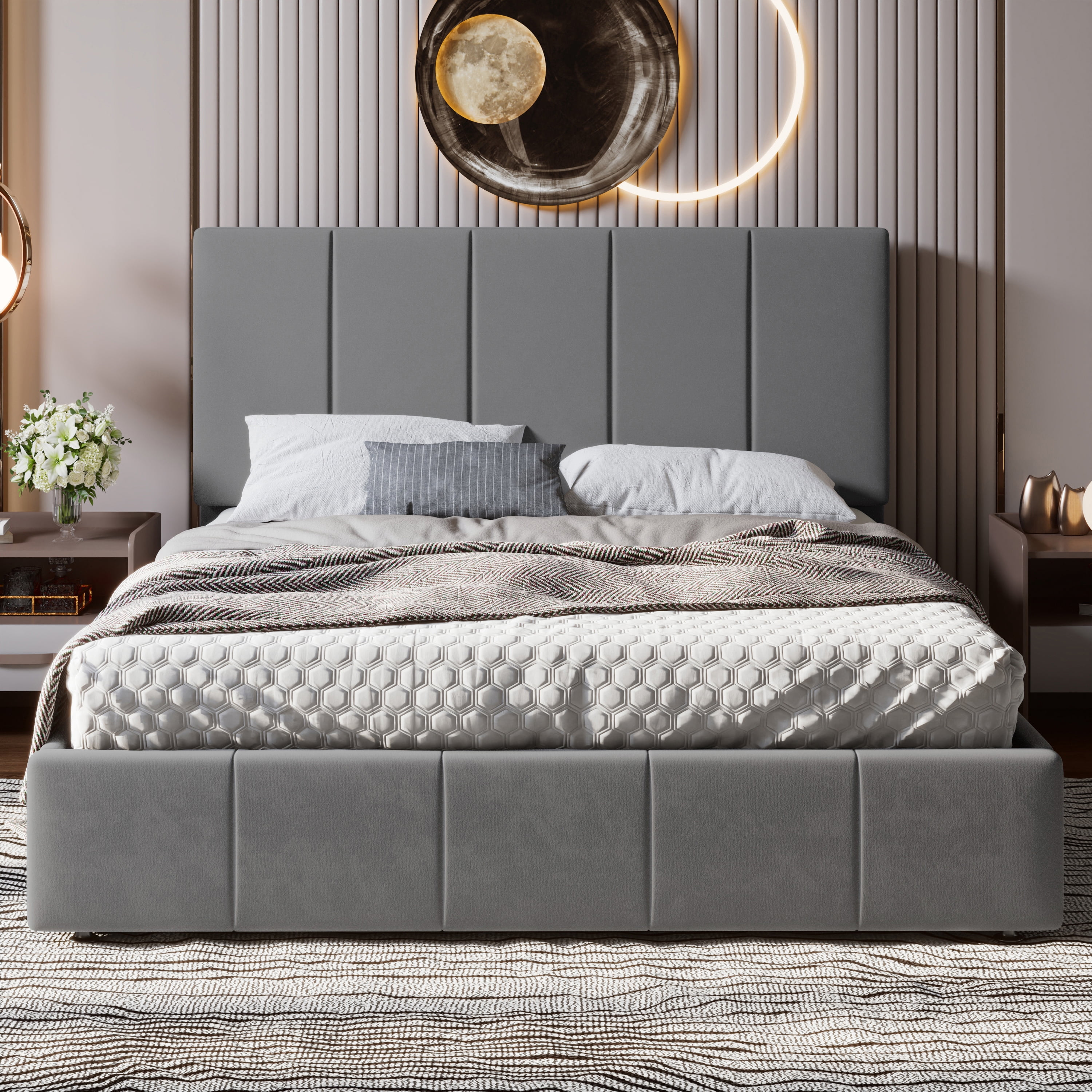 Einfach Queen Size Storage Bed Frame, Lift Up Velvet Platform Bed with Adjustable Upholstered Headboard, No Box Spring Needed, Gray