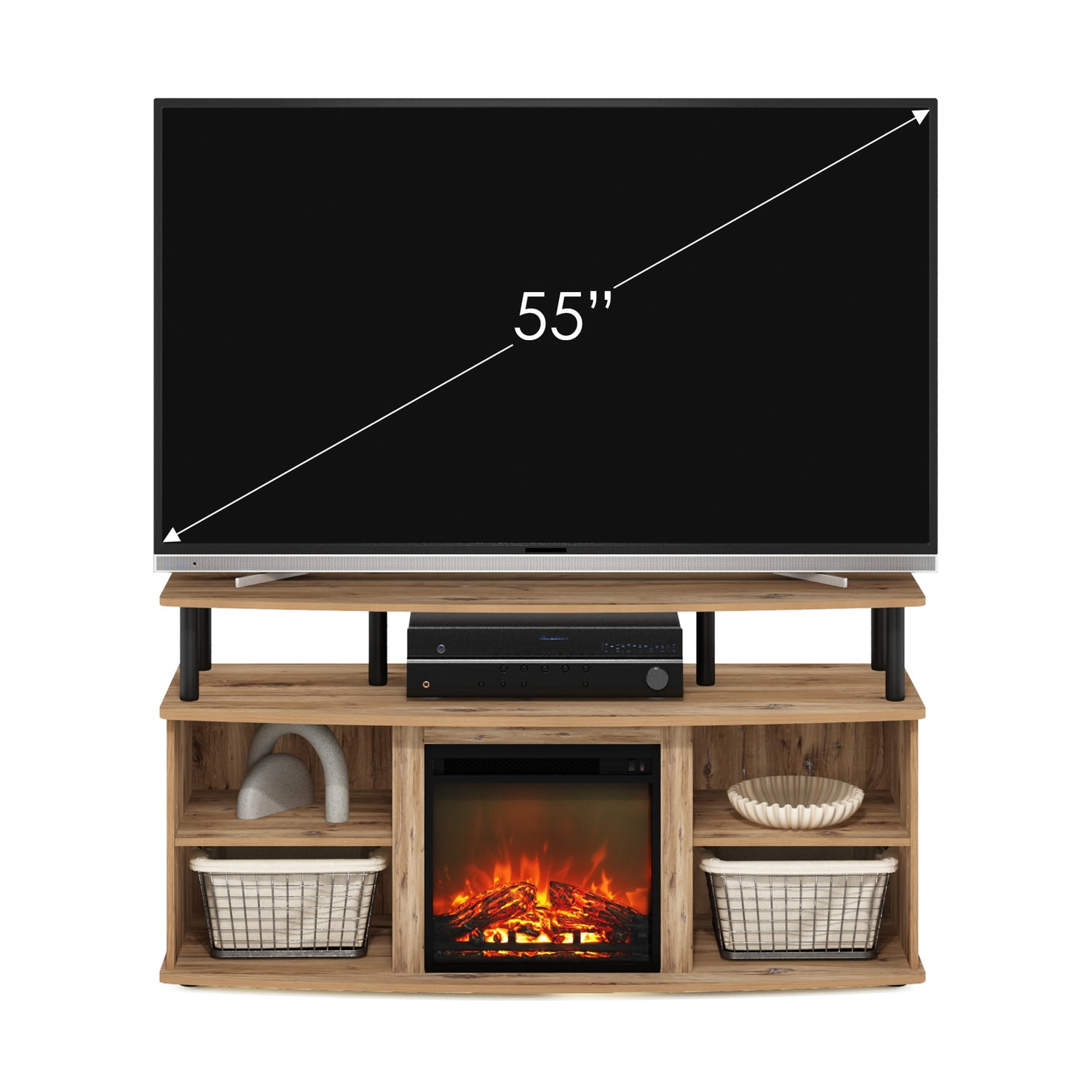 HomeStock Zen Zone Open Shelving Storage Fireplace Entertainment Center For Tv Up To 55 Inch, Flagstaff Oak/Black