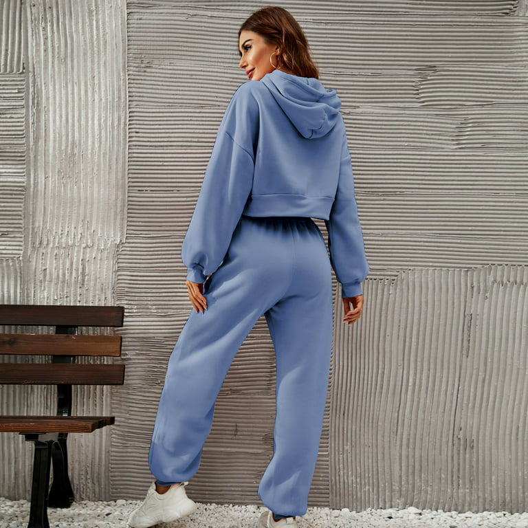 Hfyihgf 2 Piece Sweatsuit Outfits for Women Long Sleeve Cropped Hoodies  Sweatshirt Casual Sweatpants Tracksuit Lounge Set with Pockets(Blue,M) 