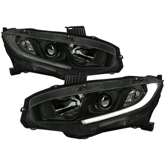 LED Strip Factory Style Projector Headlights (Black Housing/Smoke Lens) Made for and Compatible with 2016-2021 Honda Civic