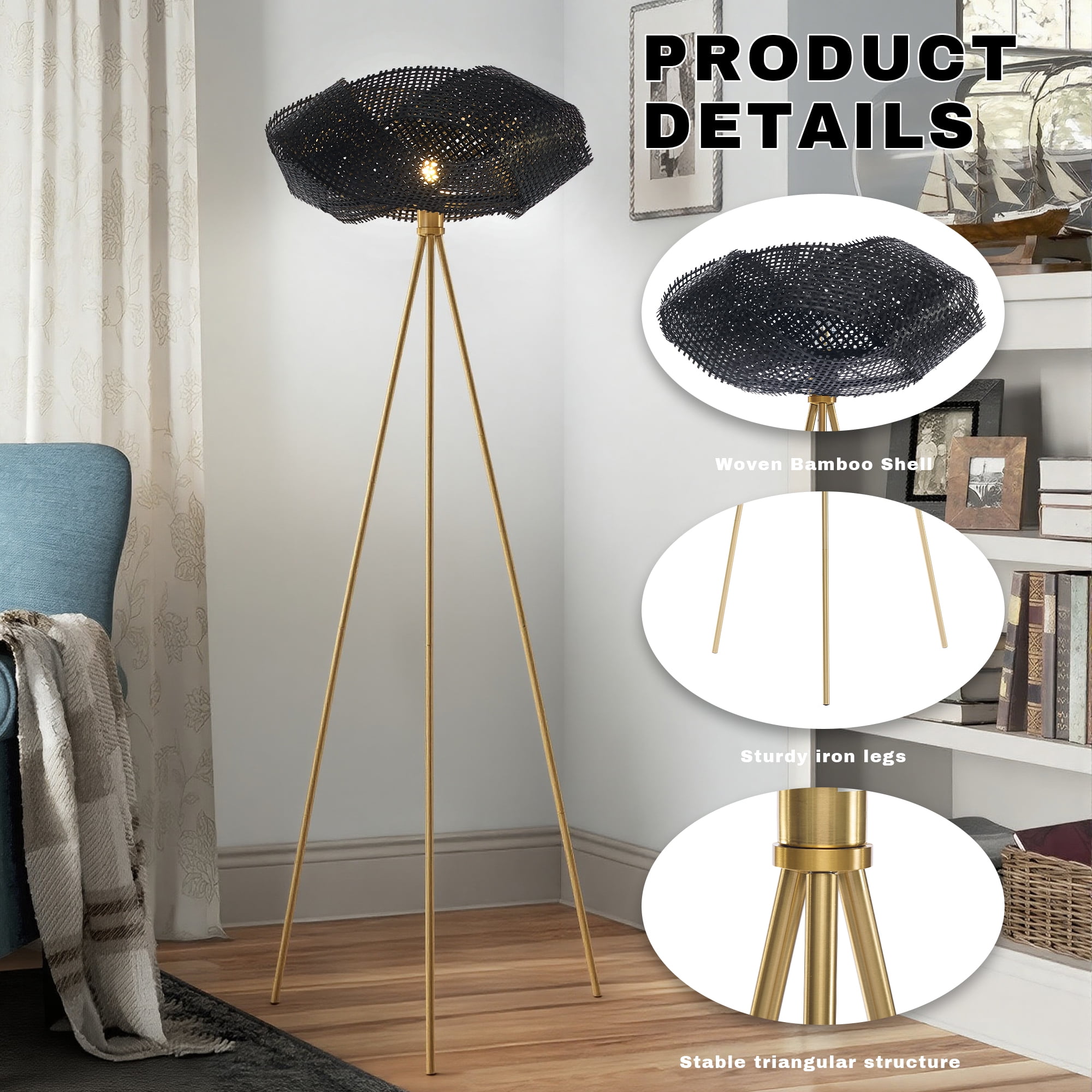 Handwoven Bamboo 64 Tall Tripod Floor Lamp, Boho Lotus-Shaped Woven Floor Lamp with Black Metal Stand,Floor Lamp for Living Room Bedroom Reading,Black
