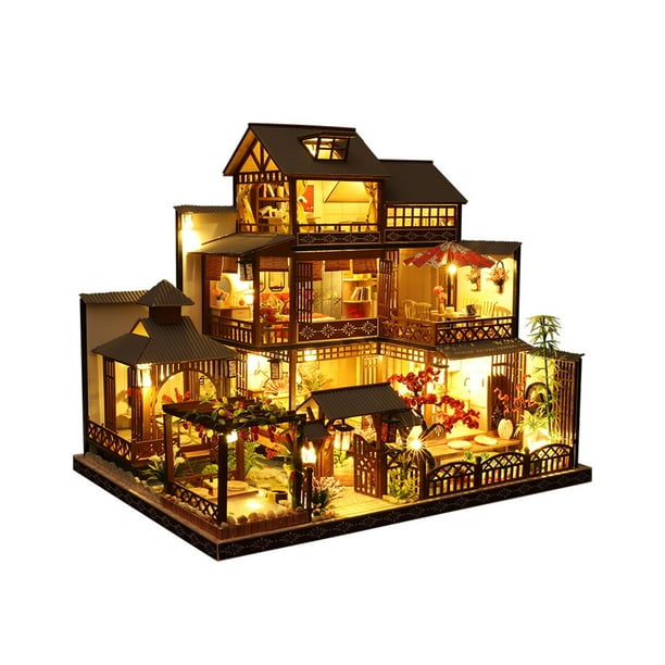 Kits de casas de muñecas ensambladas, casas de muñecas en miniatura con muebles de madera, modelo de patio japonés grande con luces LED