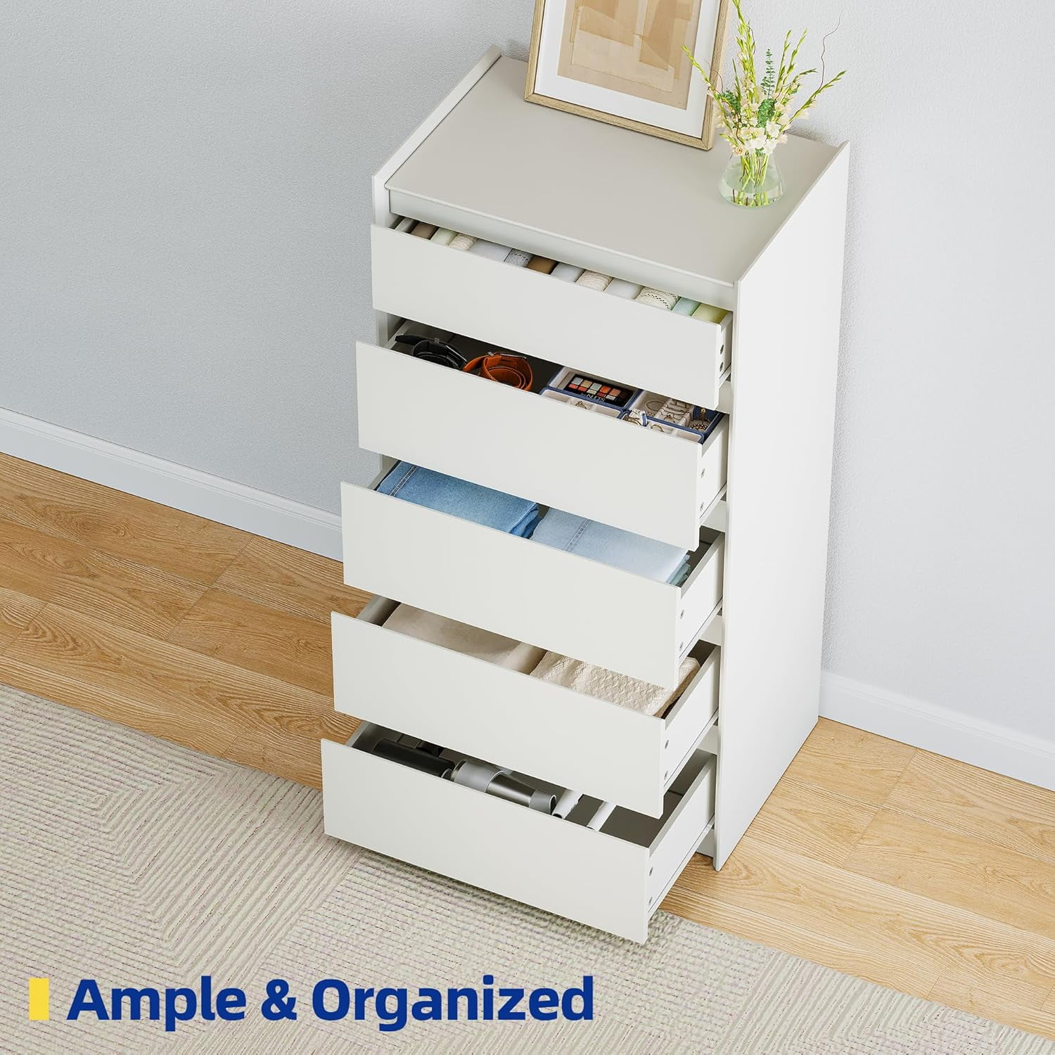 White Tall Dresser, 5 Drawer Dresser for Bedroom, Wood Chest of Drawers, Modern Storage Cabinet for Living Room