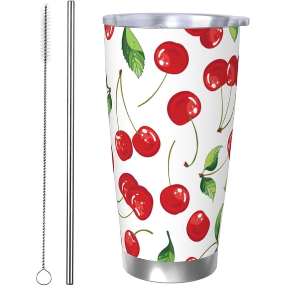 Cherry Tumbler 20oz Fruit Stainless Steel Insulated Tumblers with Lid and Straw Fruits Travel Coffee Mug Wine Tea Cups Water Bottle Cherry Gifts for Women