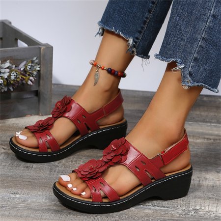 

〖Yilirongyumm〗 Red 38 Sandals Women Ladies Summer Fashion Multicolor Flower Round Toe Hook&Loop Platform Sandals