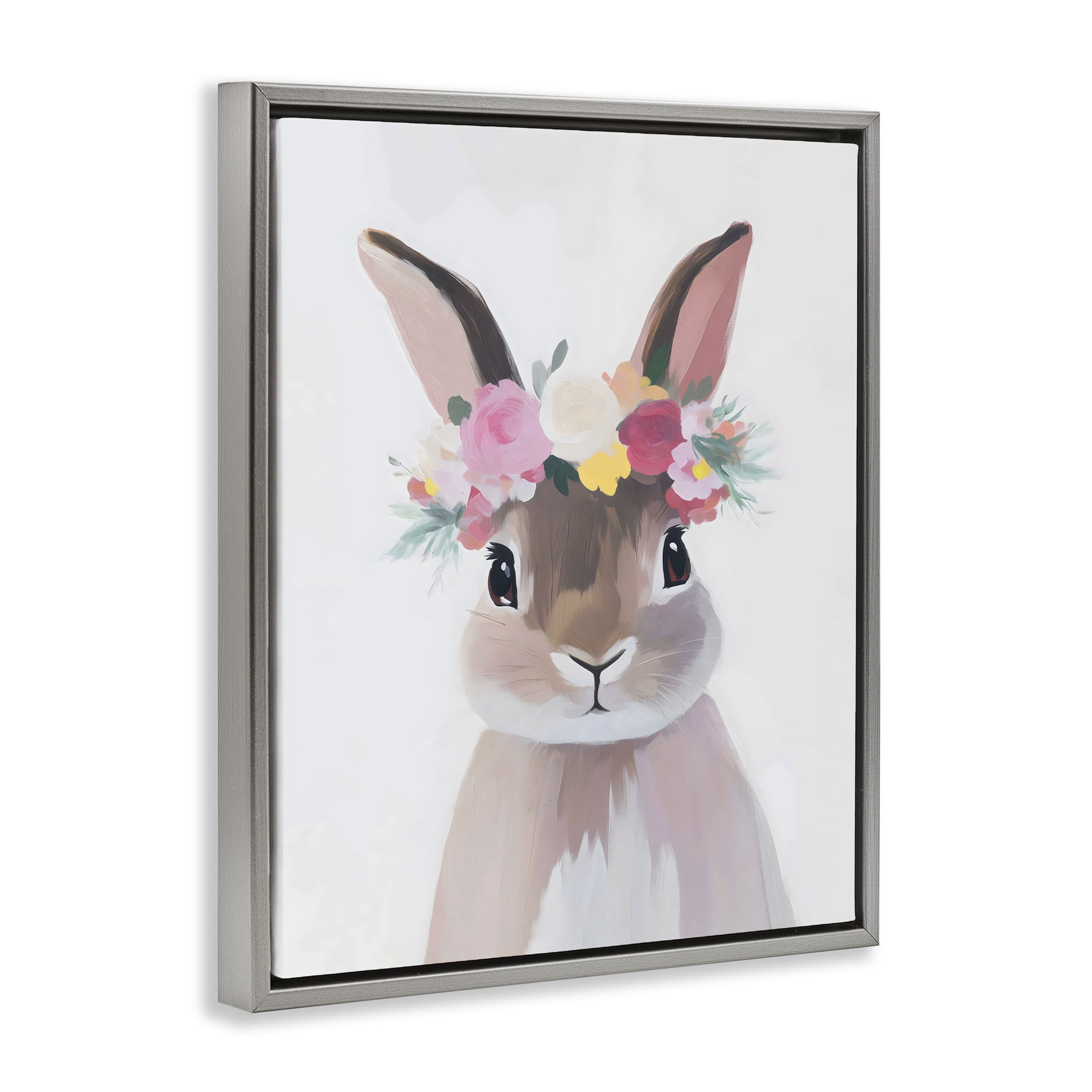 Stupell Industries Flower Crown Rabbit Gray Framed Floater Canvas Wall Art, design by The Prints Vibe
