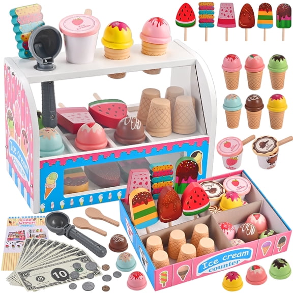 Faburo Ice Cream Toy, Wooden Ice Cream Play Set, Ice Cream Set for Kids, Wooden Play Food Play Food, Pretend Play Toys, Gift for Girls Boys 3 4 5 6 Year Old