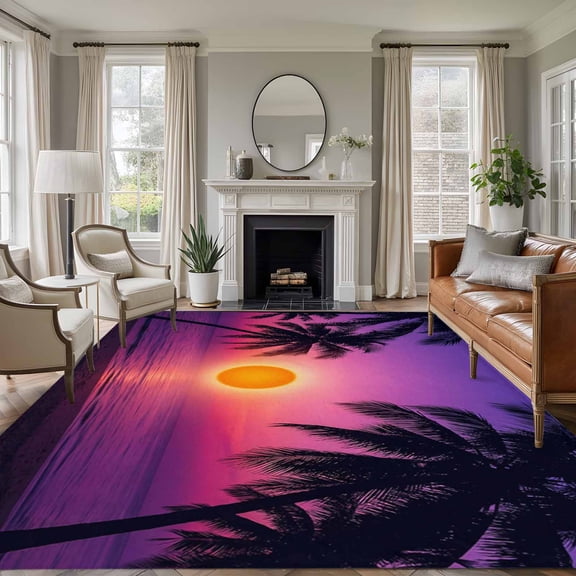Large Area Rugs for Living Room Bedroom, Purple Orange Beach 8'x10' Rug Carpet Runner Indoor Outdoor, Ocean Coastal Summer Tropical Coconut Tree Palm Non Slip Floor Mats Rug for Kitchen, Patio