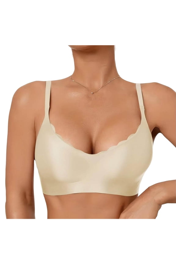 Womens Seamless Scalloped Bralette Wirefree V-Neck Invisible Bra, Silky Cooling Microfiber Lounge Bra for Everyday Wear