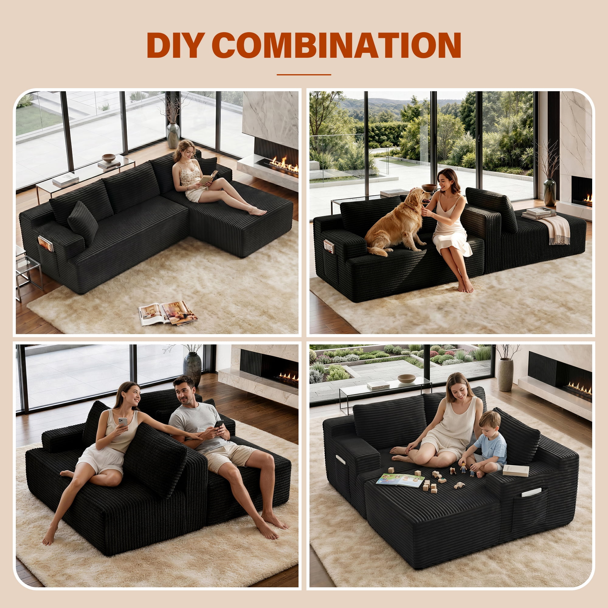 Aukfa 96" Cloud Sectional Couch, Modular L Shaped Boneless Sofa with Right Facing Chaise&2 Storage Pockets, Dark Gray