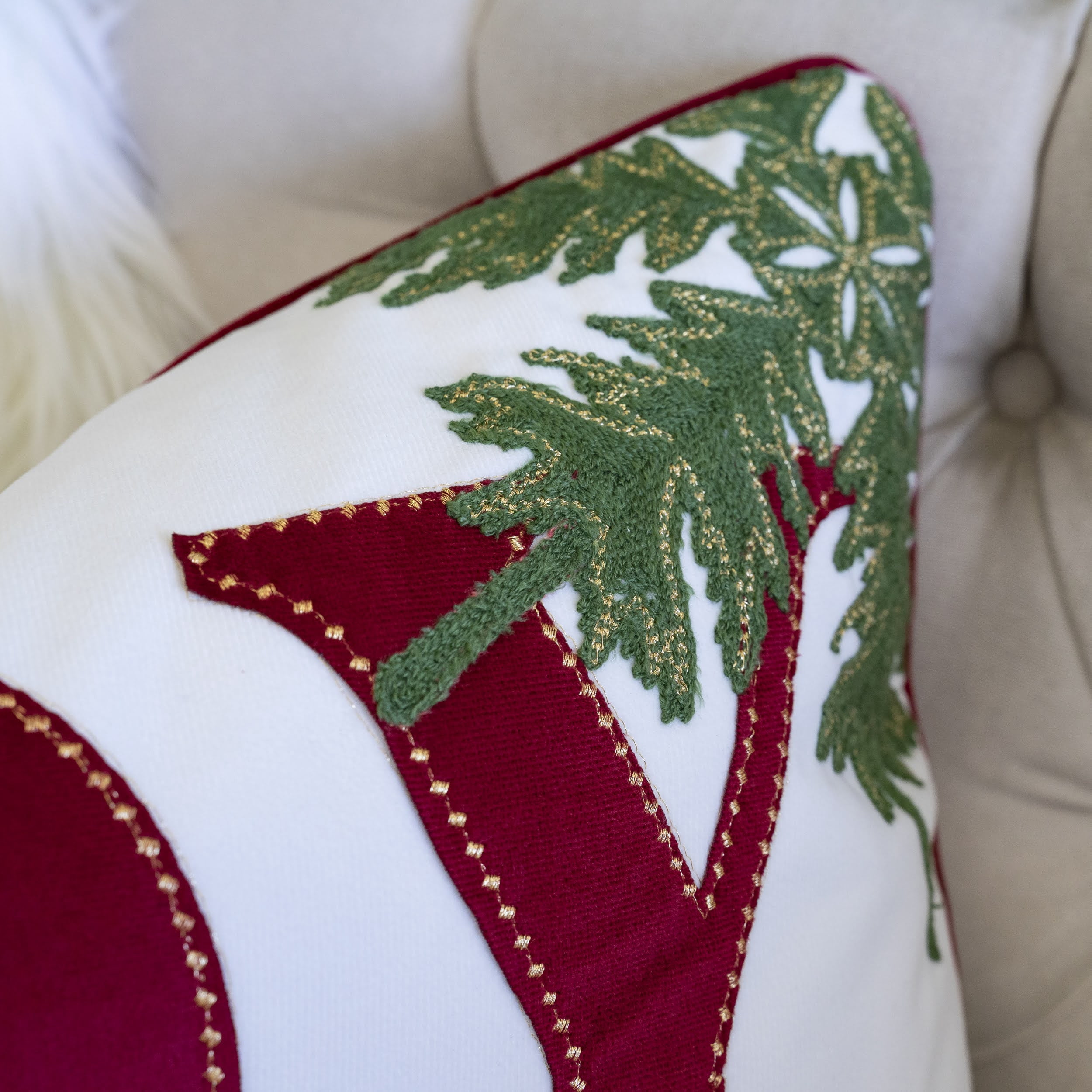 Joy Embroidered Velvet Throw Pillow with Gold Stitching Green Foliage 14x20 Inch Holiday Decor