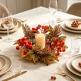 thumbnail image 2 of Clearance Sale! Halloween Fall Wreath Candle Ring, Artificial Maple and Pumpkin Decor with Berries, Gothic Farmhouse Table Accent, 2 of 5