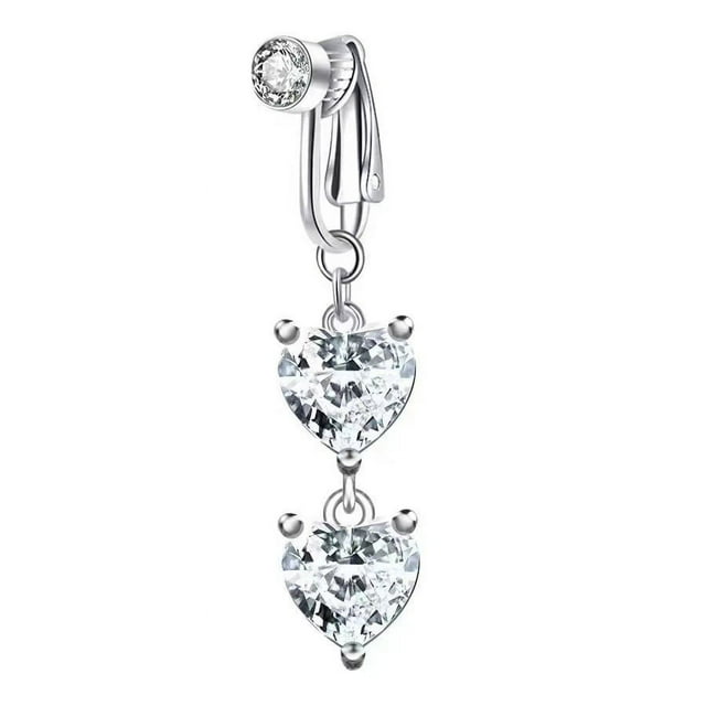 Piercing de ombligo falso con clip, anillo para ombligo sin agujero, corazón de cristal, plata