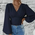 thumbnail image 4 of Ladies Tops and Blouses Women's Waistline V Neck Sleeve Sleeve Solid Color Ruffled T Long Sleeve Top Long Sleeve T shirt Women, 4 of 6