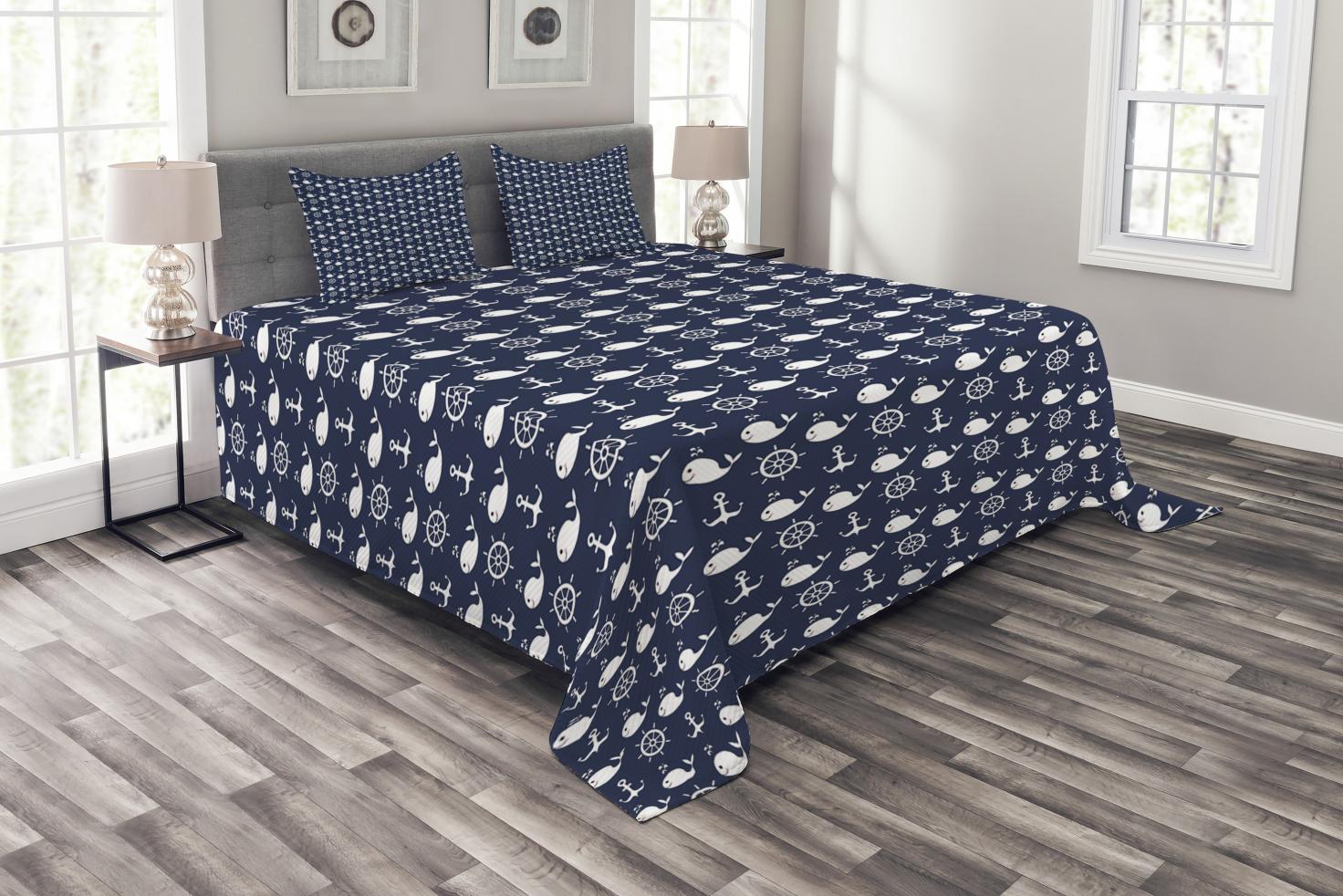 Navy Blue Bedspread Set Queen Size, Maritime Pattern with Whales Helms