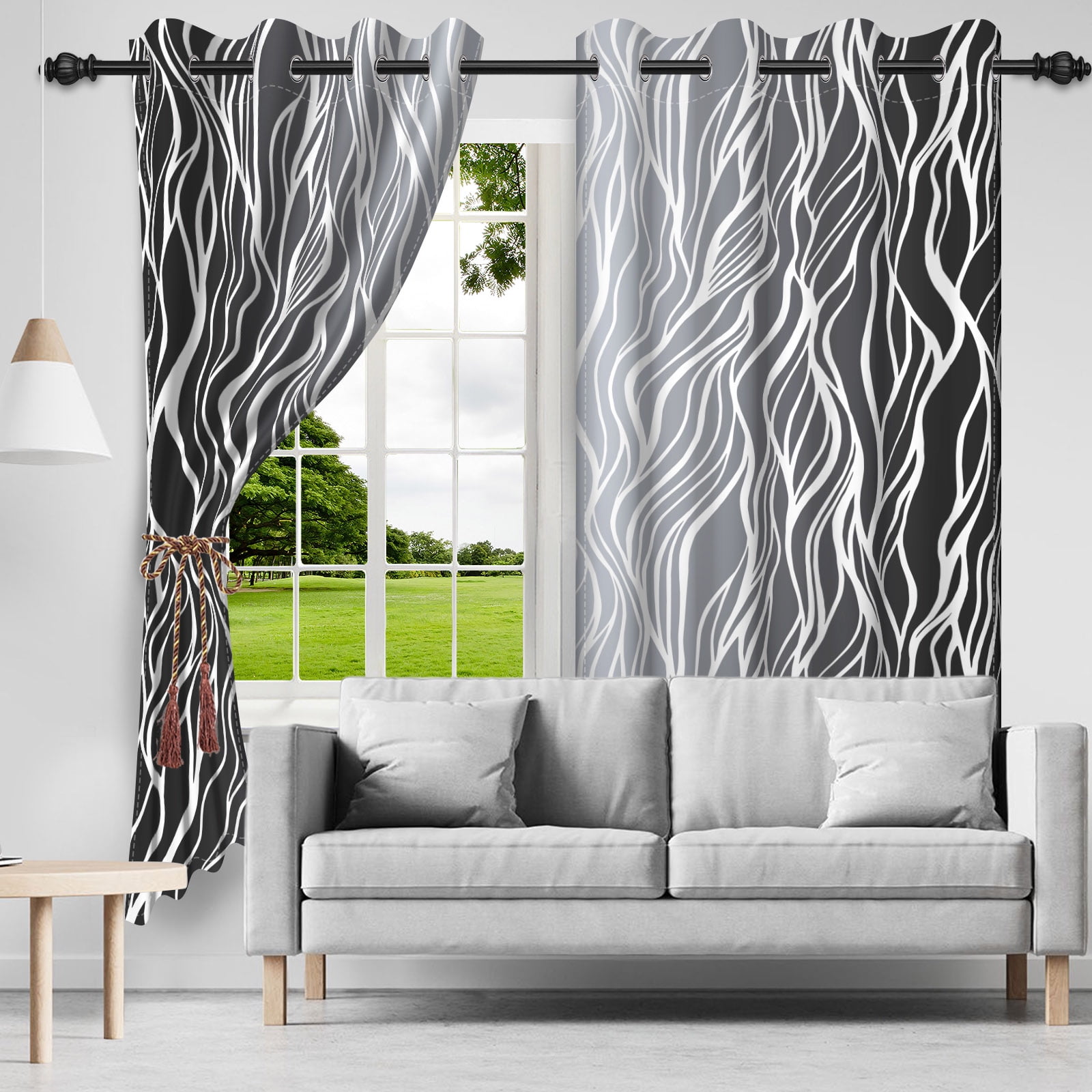 Nanqianyi Black and Grey Ombre Blackout Curtains 52" Wx63" L for Bedroom Living Room, Gradient Wavy Line Thermal Insulated Grommet Drapes 2 Panels