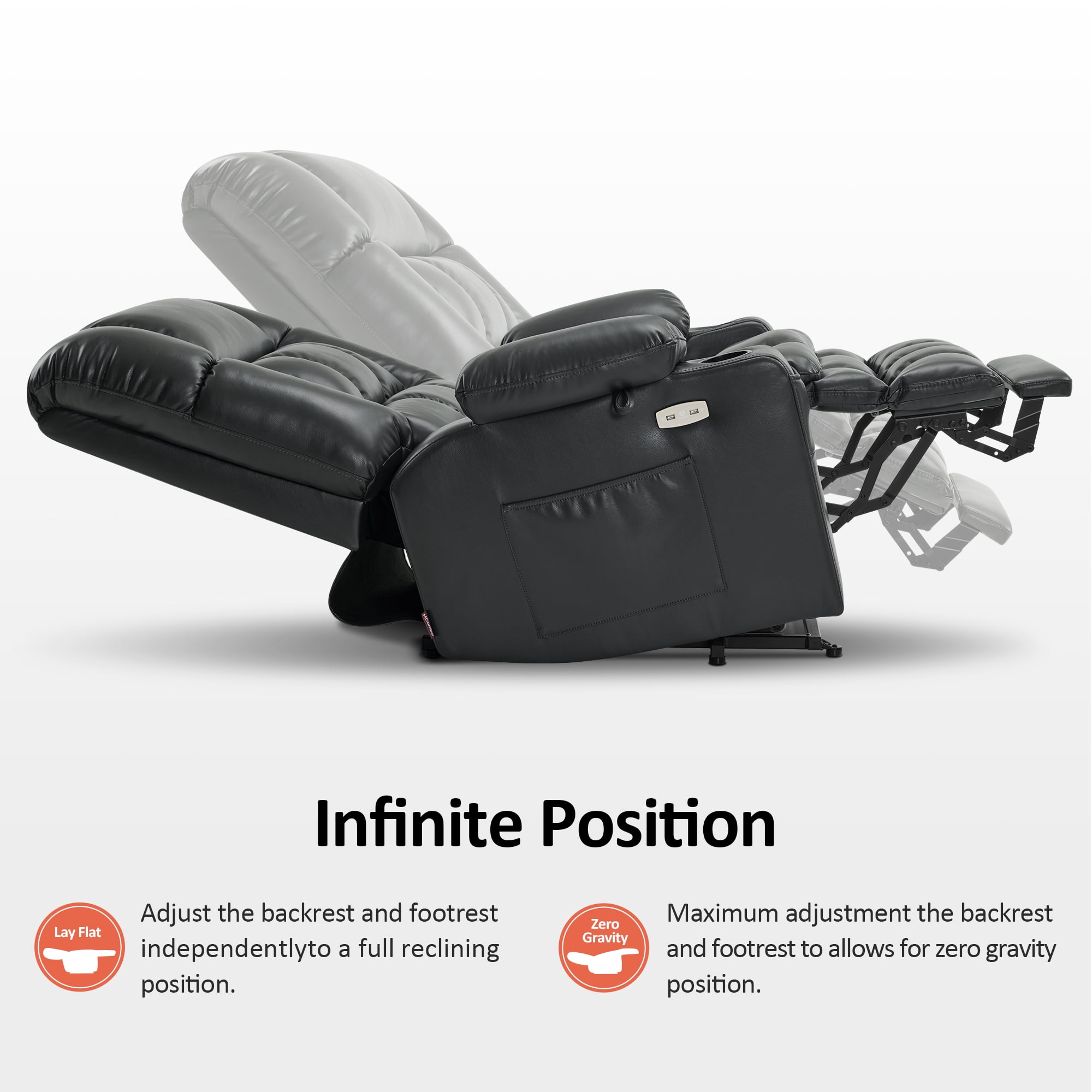 MCombo Large Dual Motor Power Lift Recliner Chair Sofa with Massage and Heat for Big Elderly People, Infinite Position, USB Ports, Faux Leather R7891 (Black, Large-Wide)