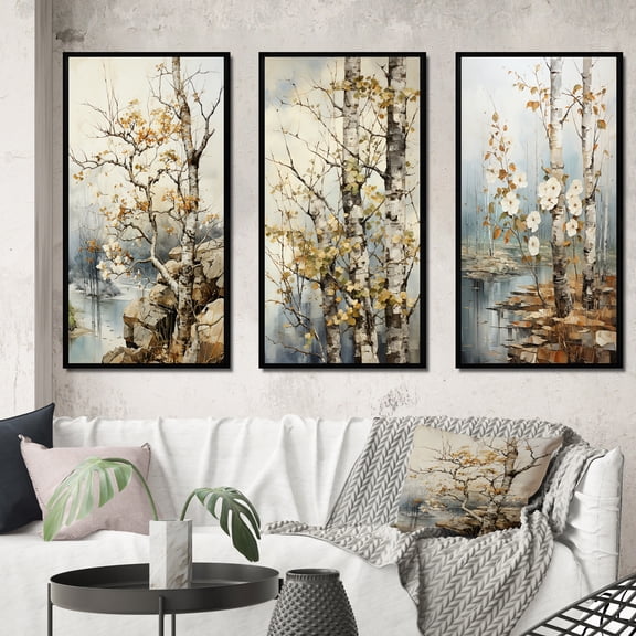 Designart "Beige Grey Tree Sycamore Euphony" Floral Framed Wall Art Set Of 3 - Multi-Color Tree Sycamore Frame Canvas Set For Living Room Decor