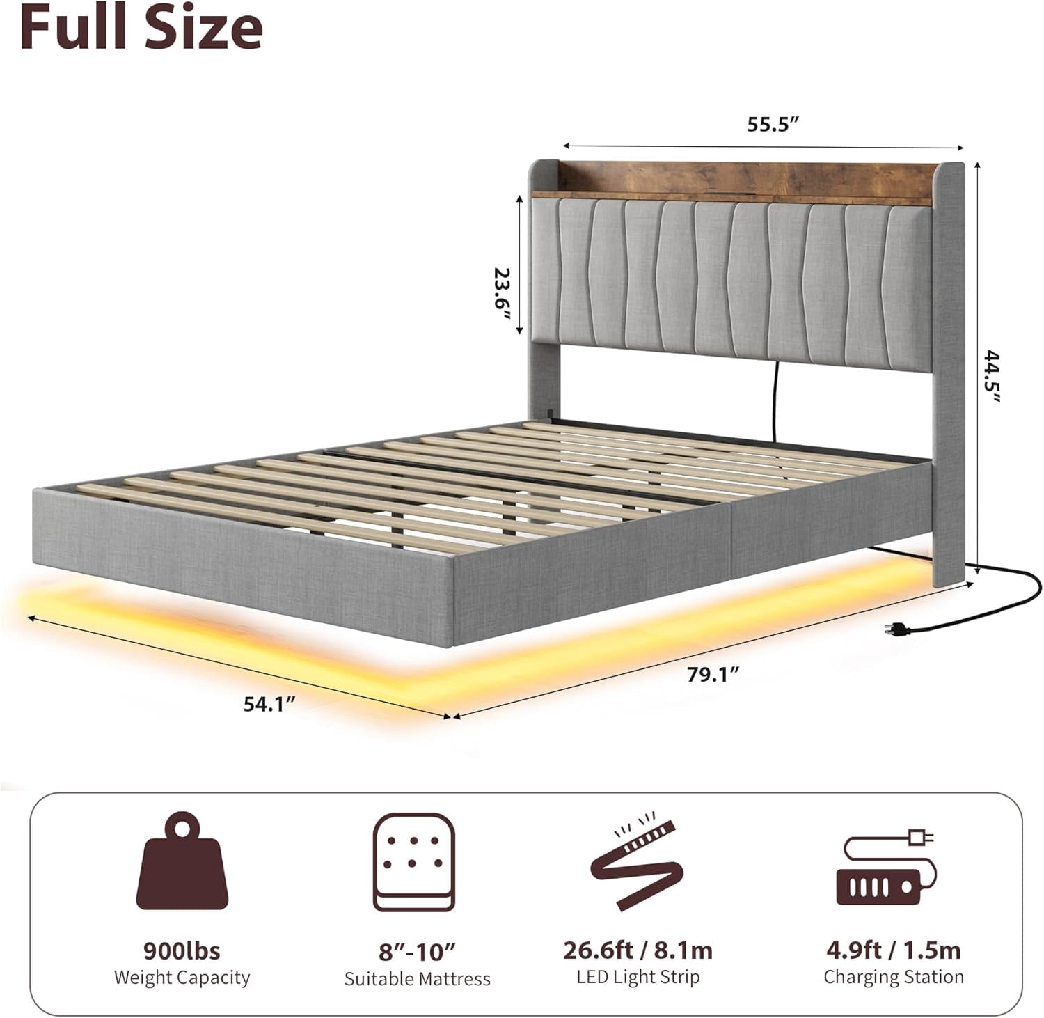 Eastvita Full Size Floating Upholstered Platform Bed Frame - LED Lights & Charging Station, Noise-Free, Grey