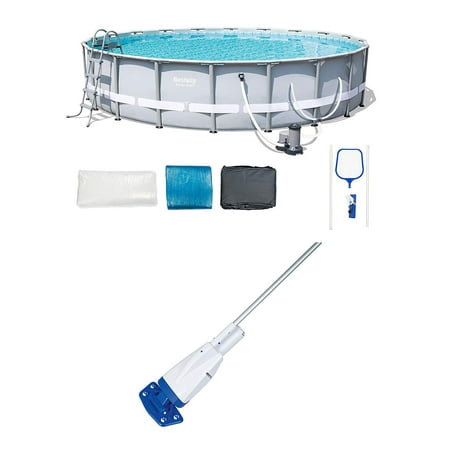 20ftx 48in Steel Pro Metal Frame Oval Above Ground Swimming Pool Set with Filter Pump, Ground Cloth, Debris Cover, Ladder, ChemConnect Chemical Dispenser, Aqua Pool Vacuum (Best Way To Clean Metal Before Painting)