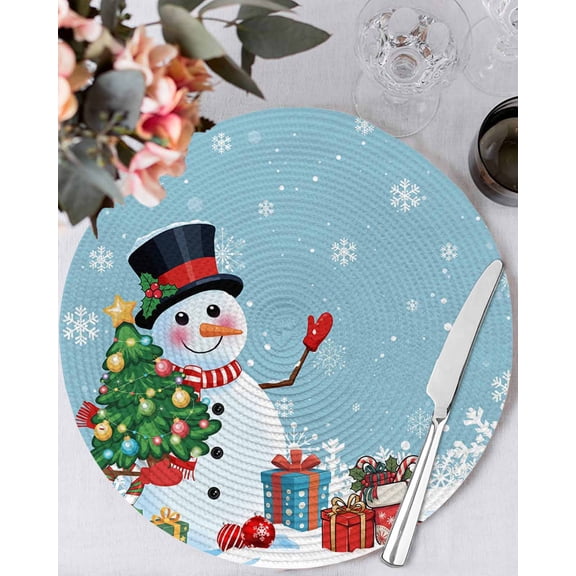 15 Inch Round Placemats Set of 6, Light Blue Snowman Christmas Non Slip Heat Insulation PP Table Mats, Gifts Xmas Tree Winter Snowflake Washable Place Mats for Kitchen Dining Party Table Decor