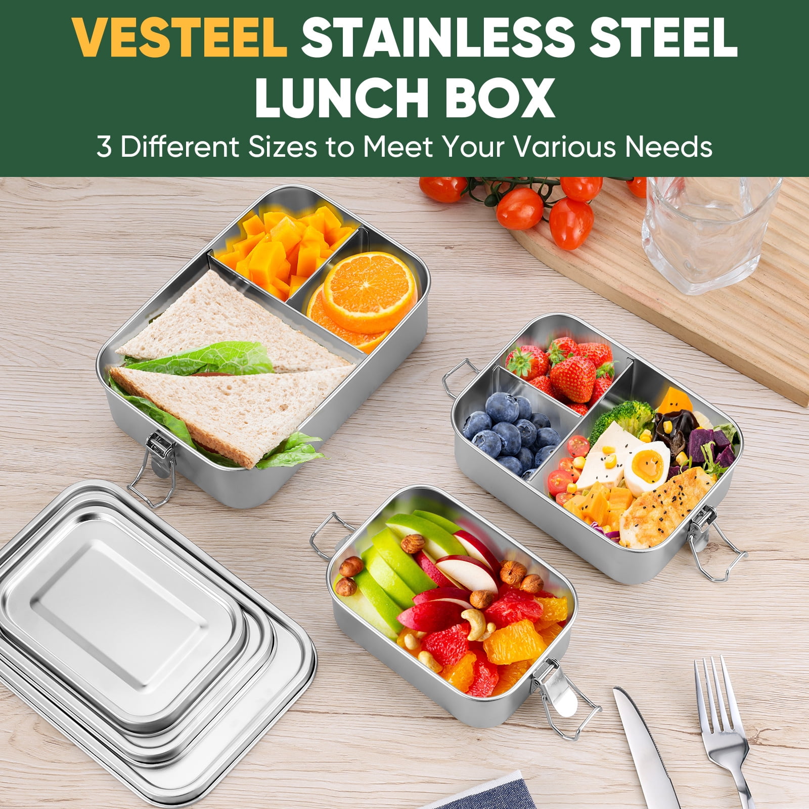 Vesteel Bento Box Set of 3 (47oz /29oz /18.6oz), Stainless Steel Lunch Box Metal Food Storage Container with Removable Dividers, Portable & Leak-Proof Meal Prep Container with 3 Compartment