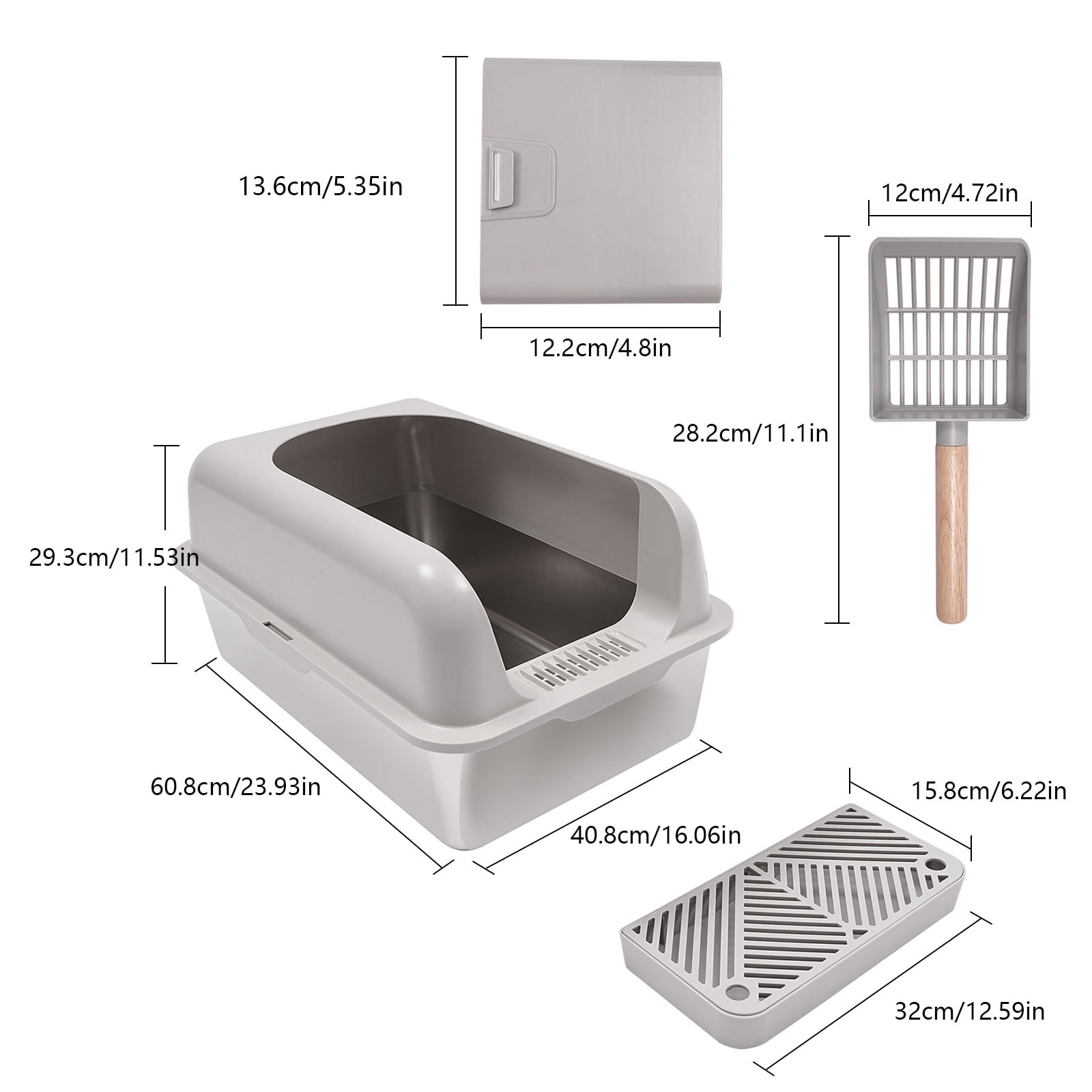 Wildnix Cat Litter Box, Large Semi-Open Design with Stainless Steel Interior, 5.28 Gal Capacity, Easy to Clean with Litter Scoop & Holder