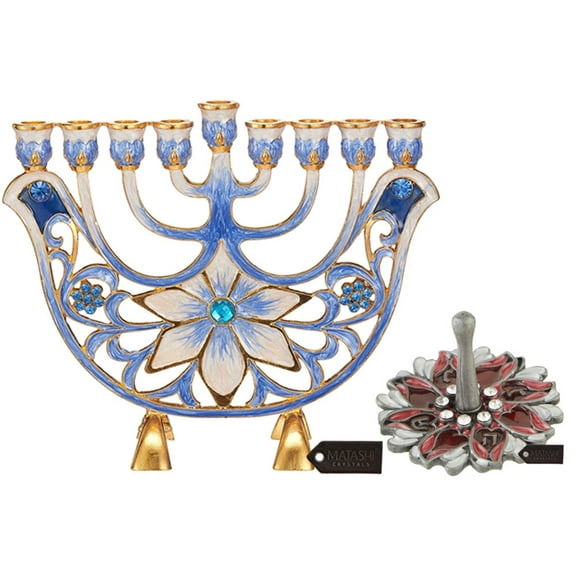 Matashi Hand Painted Blue and Ivory Flower Menorah Candelabra & Floral Spinning Dreidel Holiday Ornaments (Pewter) with Gold Accents and Crystals Jewish Candle Holder Hanukkah Gift Jewish Decor