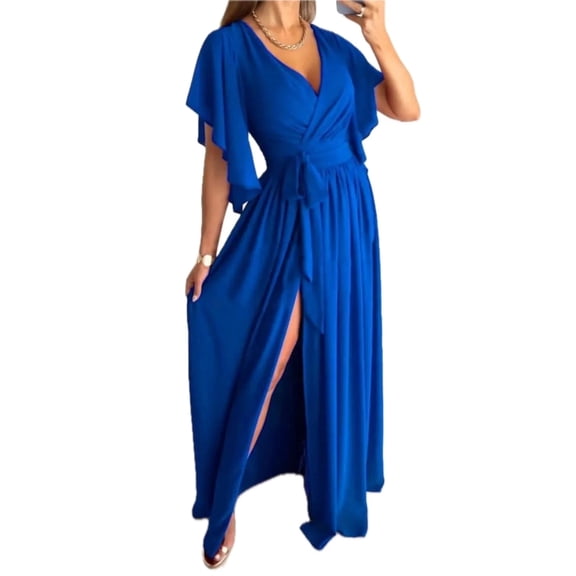 Women's Surplice Flutter Sleeve Maxi Dress with Tied Stretch Bodice and Flowing Skirt 95% Polyester 5% Spandex