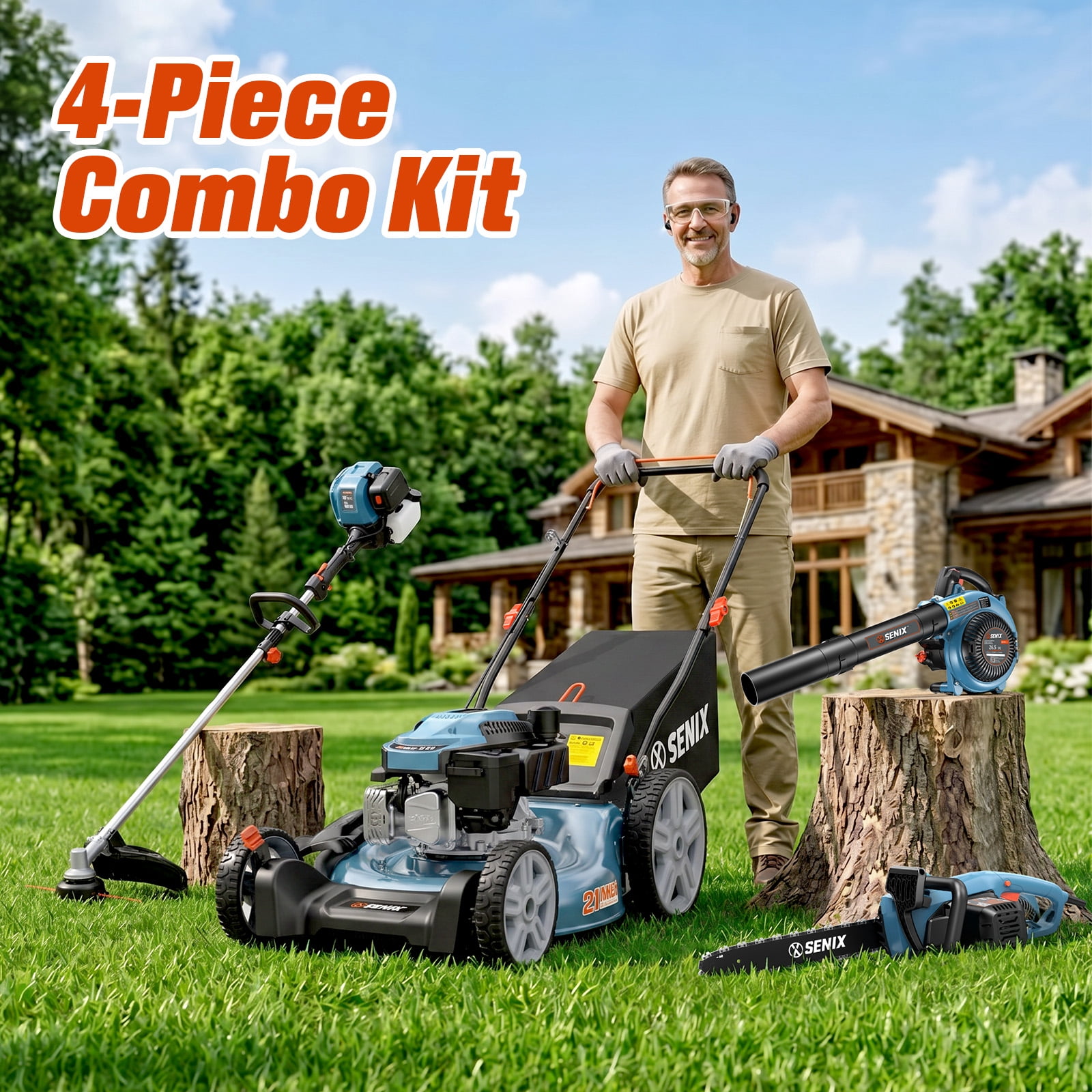 SENIX 4-Tool Combo Kit, 21" 144cc Push Lawn Mower, 410 CFM 26.5cc Leaf Blower, 17" 26.5cc String Trimmer & 18" 15Amp Chainsaw, LM14-B4QL-GTS4QL-CSE15-M