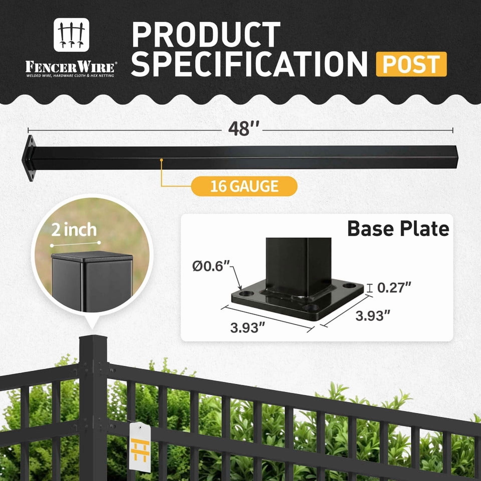 Fencer Wire 4 FT Metal Fence Post with Flange, Heavy Duty 16 Gauge Outdoor Patio Steel Fencing Border Post with Base Plate and Cap, Anti-Rust 2” Diameter Decorative Garden Flange Post, Single