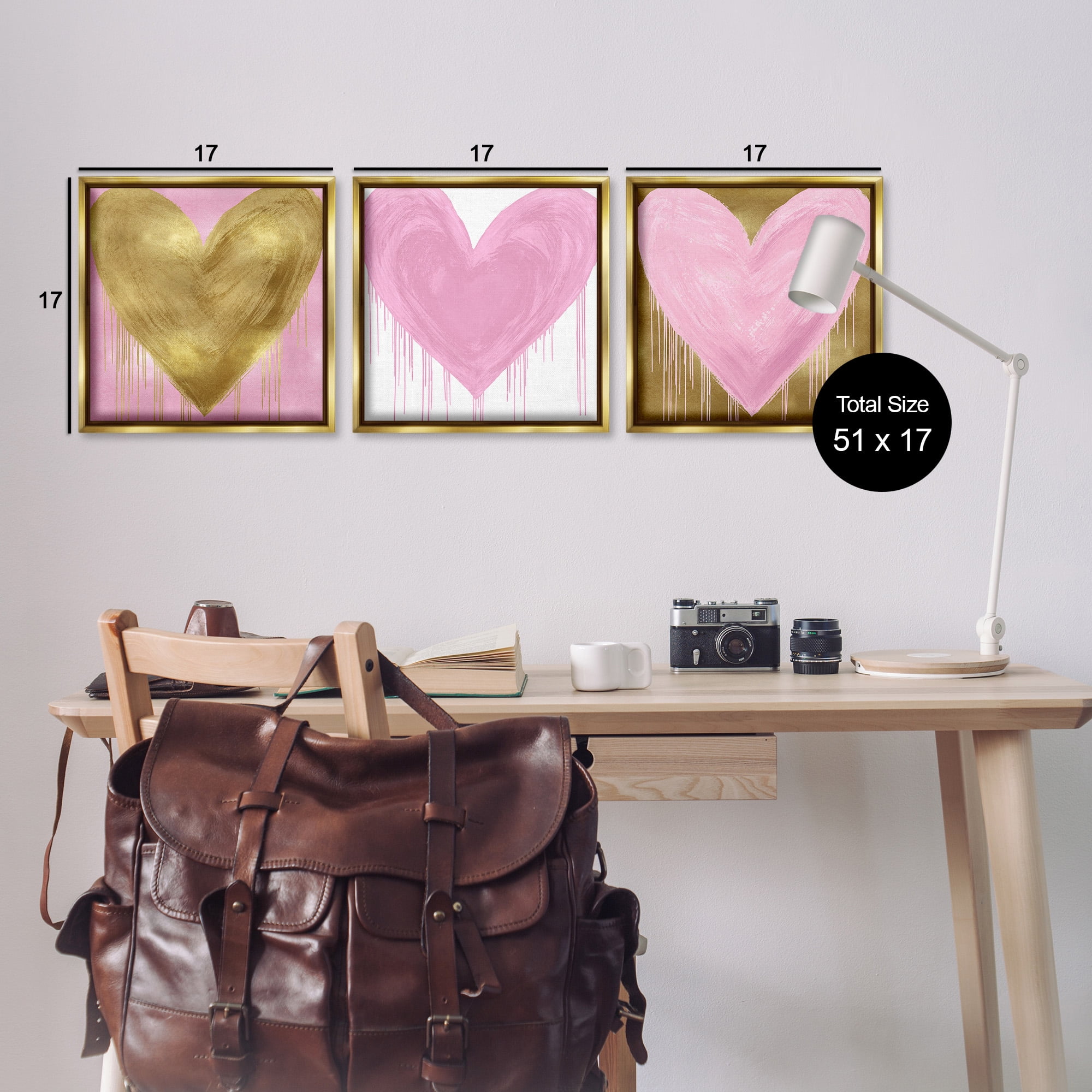 Stupell Industries Glam Paint Drip Hearts Design Art for Kids Painting Gold Floater Framed Canvas Art Print Wall Art, 18 x 18, Set of 3
