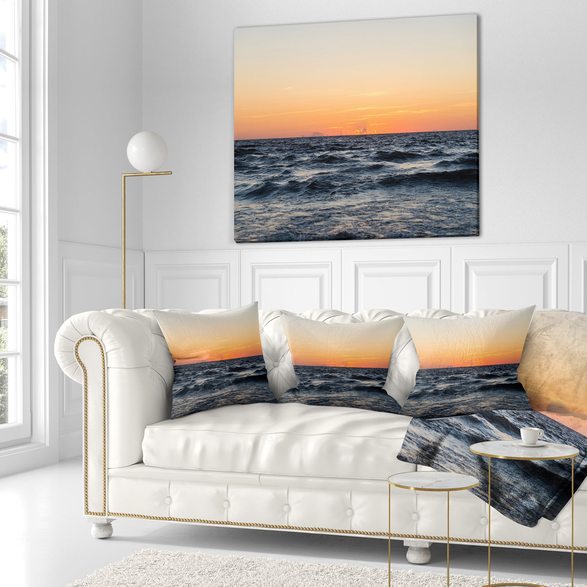 Designart Red Dramatic Sunset Over Beach - Seashore Throw Pillow - 16x16